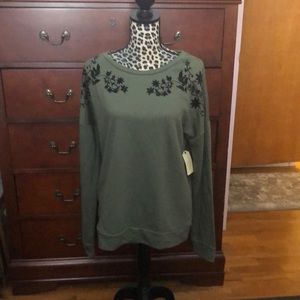 New W/Tags olive color top cute embellished neckline